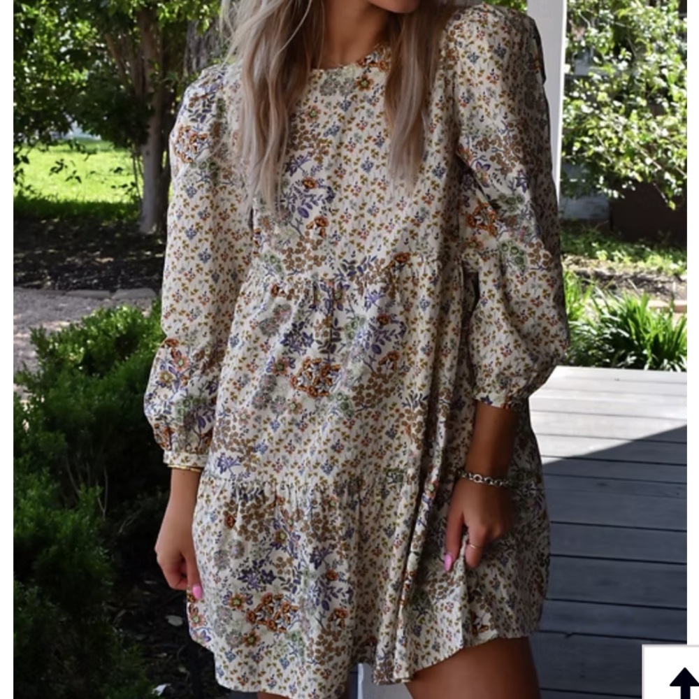 Olivaceous Floral Multicolor MINI DRESS long sleeve keyhole Cotton S NWOT